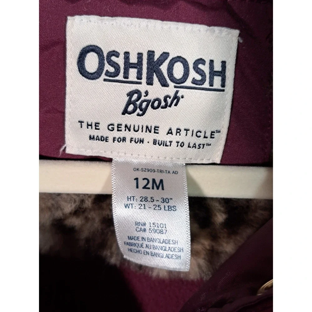 OshKosh Bgosh Toddler Girls Burgundy Quilted Puffer Jacket Leopard Hood 12M